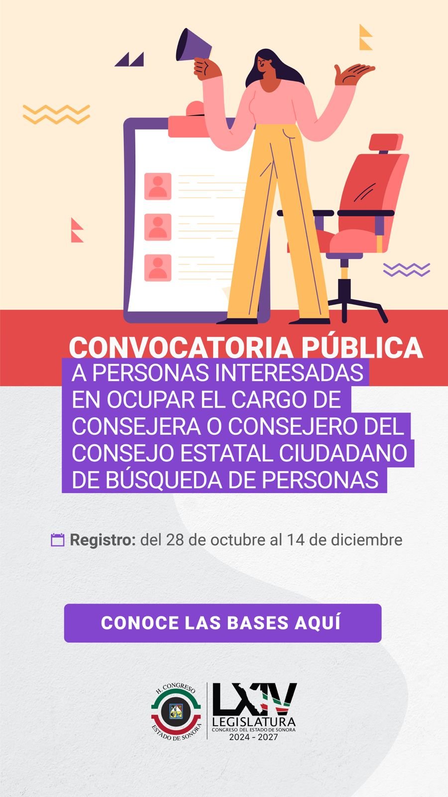 Abre Congreso de Sonora convocatoria para integrar el Consejo Estatal Ciudadano de Búsqueda de Personas